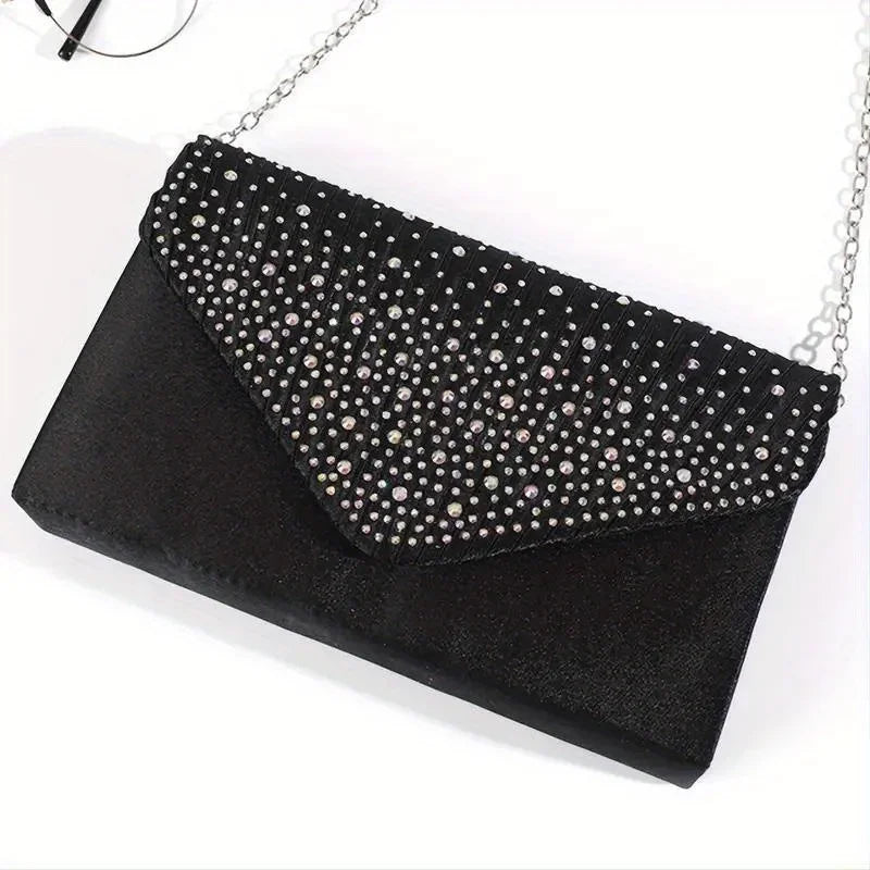 Rhinestone Glitter Metal Chain Envelope Handbag, Elegent Textured Sparkly Flap Purse, Classic Dinner Evening Bag