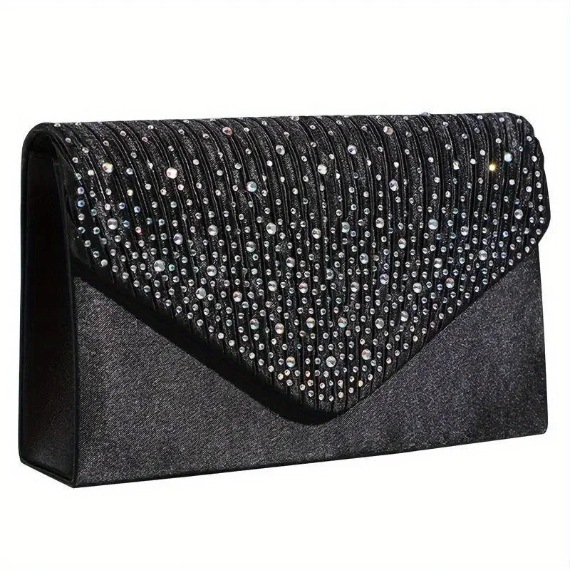 Rhinestone Glitter Metal Chain Envelope Handbag, Elegent Textured Sparkly Flap Purse, Classic Dinner Evening Bag