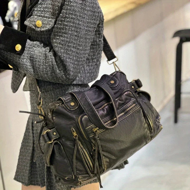 Women's Fashion Retro Tote Bag Soft PU Leather Large Capacity Shoulder Bag Y2K Punk Multi Pocket Crossbody Handbag