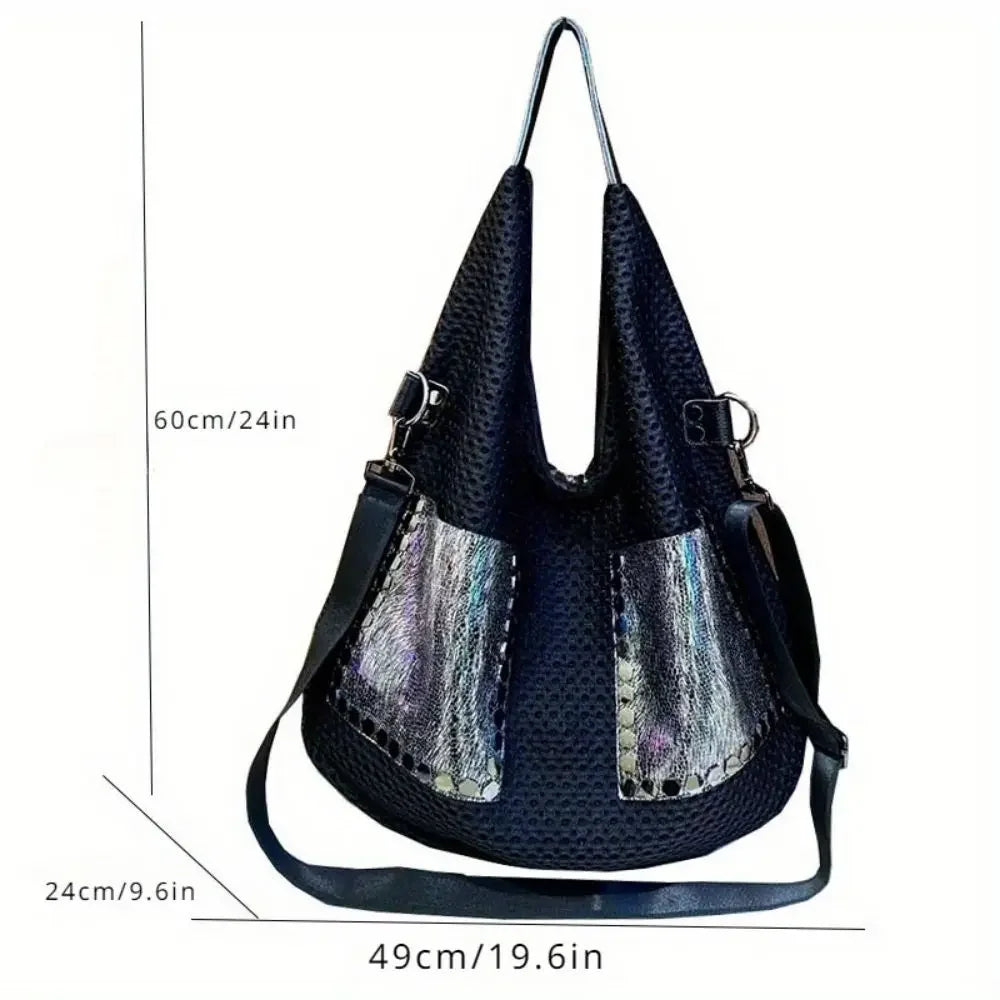 Women's fashionable retro mesh patchwork cowhide tote bag with large capacity single shoulder crossbody carrying bag