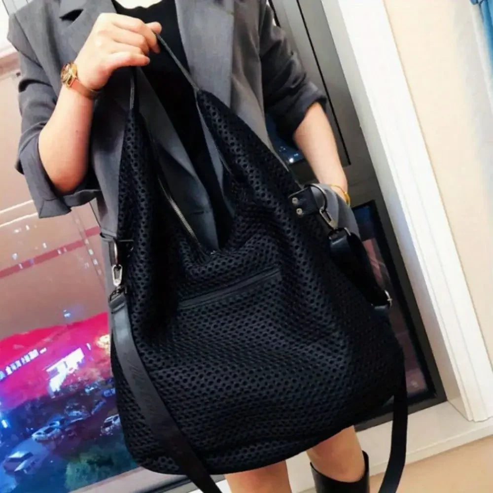 Women's fashionable retro mesh patchwork cowhide tote bag with large capacity single shoulder crossbody carrying bag